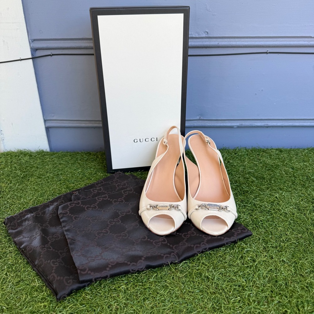 Vtg Gucci Talibu Ivory Leather Horsebit Slingback Peep Toe Heels Size 37.5